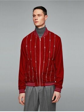 Zara Men's Red Velvet Zip-Up Bomber Jacket